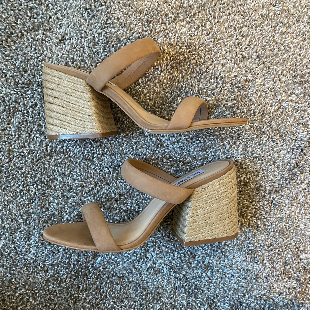 Tan suede Steve Madden slip on heeled sandal size 9